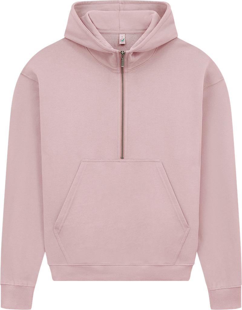 Women's organic half zip hoodie in Sueded Miami Pink, front view