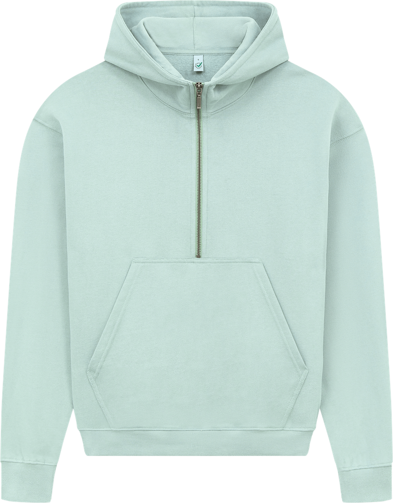 Women's organic half zip hoodie in Sueded Slate Green, front view