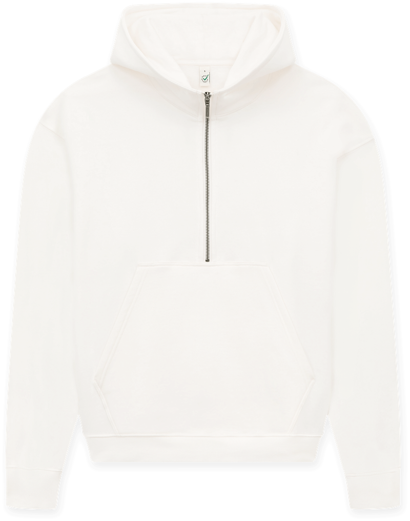 Women's organic half zip hoodie in Sueded Off White, front view