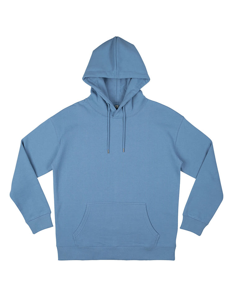 Organic extra heavy dropped shoulder hoodie in Blue Dusk, front view