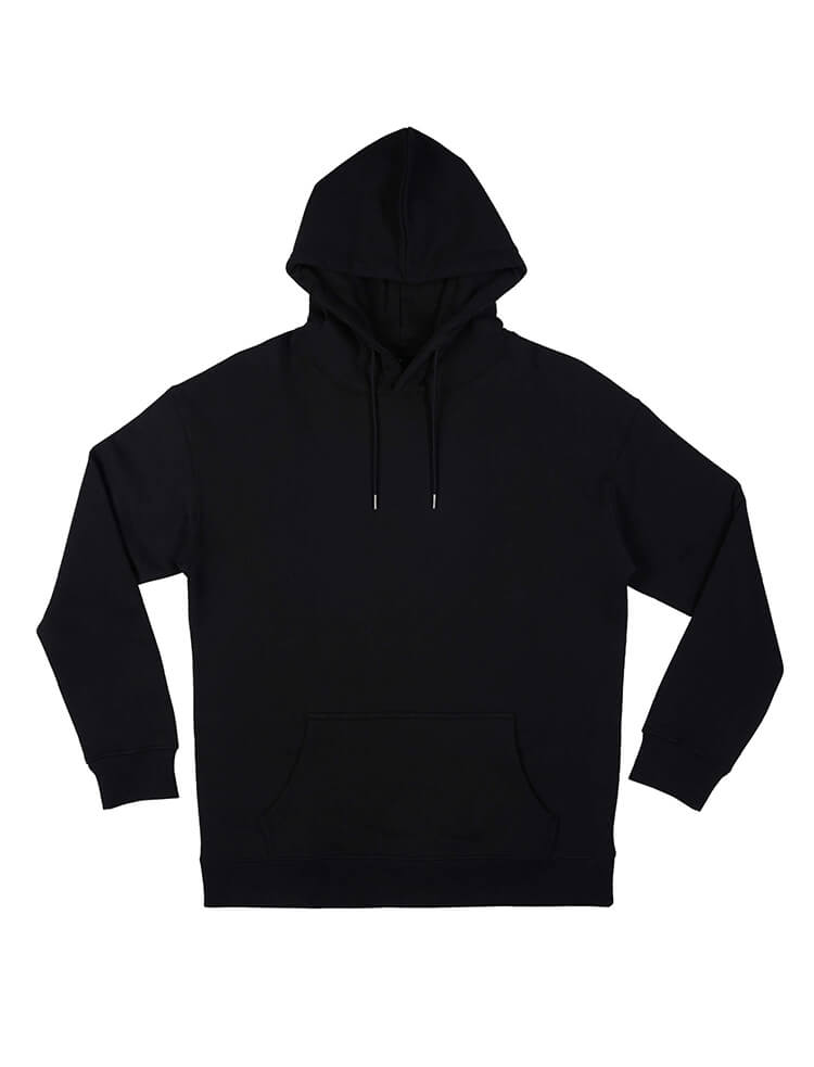 Organic extra heavy dropped shoulder hoodie in Black, front view