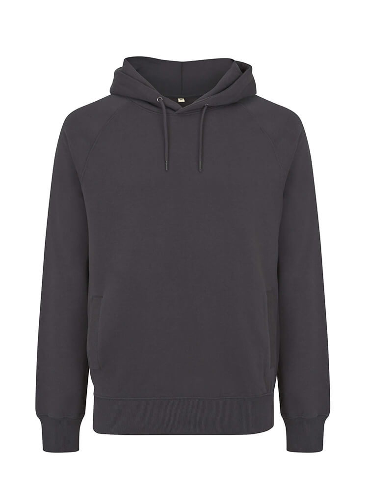 Unisex heavy organic cotton raglan hoodie in Ash Black, front view