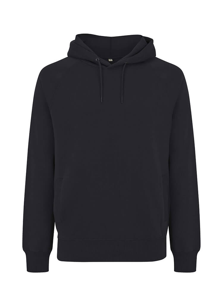 Unisex heavy organic cotton raglan hoodie in Black, front view