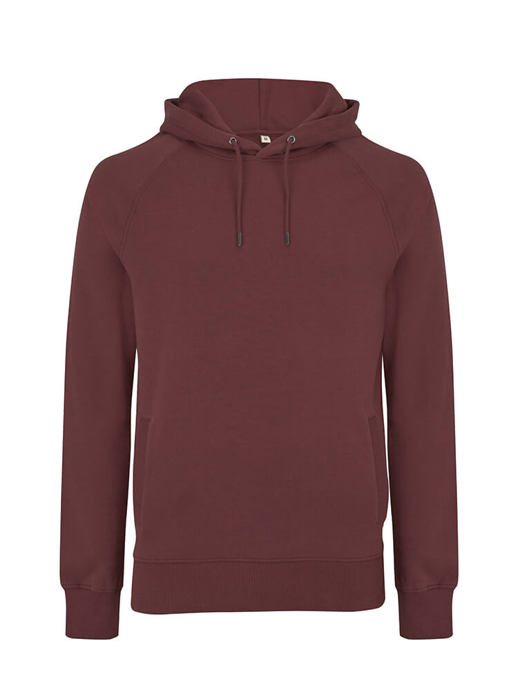 Unisex heavy organic cotton raglan hoodie in Burgundy, front view