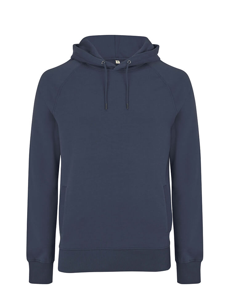 Unisex heavy organic cotton raglan hoodie in Denim Blue, front view