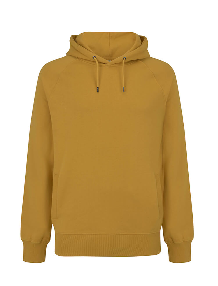 Unisex heavy organic cotton raglan hoodie in Mango, front view
