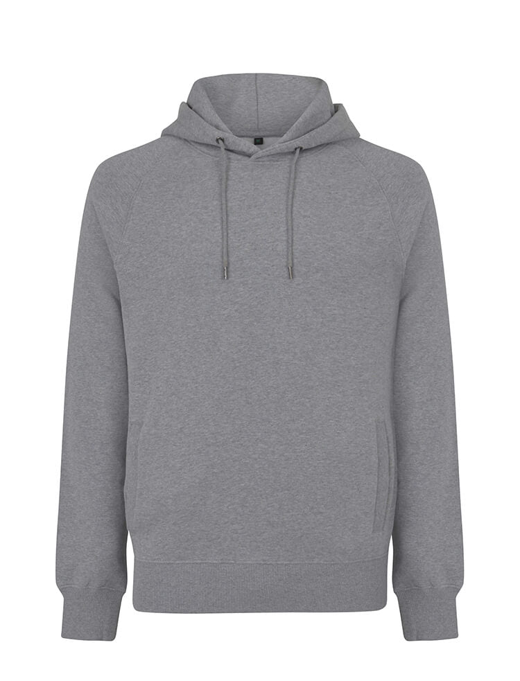 Unisex heavy organic cotton raglan hoodie in Melange Grey, front view