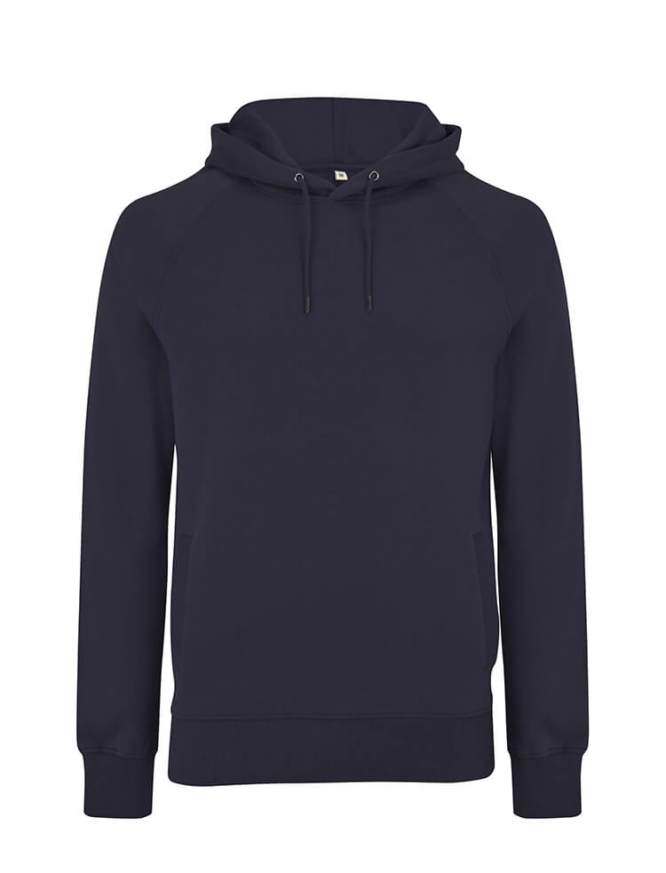 Unisex heavy organic cotton raglan hoodie in Navy, front view