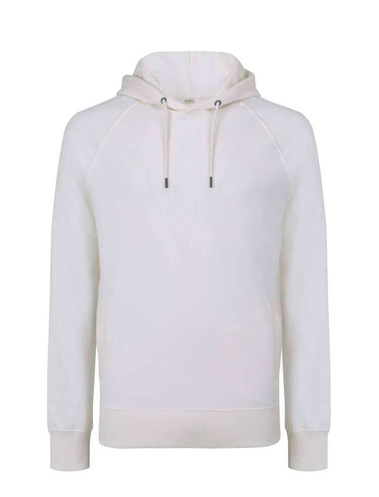 Unisex heavy organic cotton raglan hoodie in White Mist, front view
