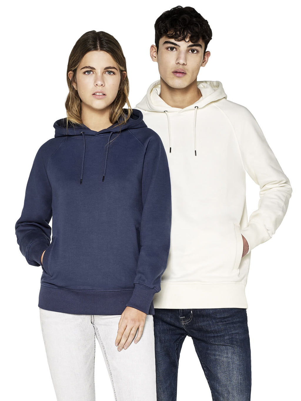 Unisex heavy organic cotton raglan hoodie on two models, one in White Mist