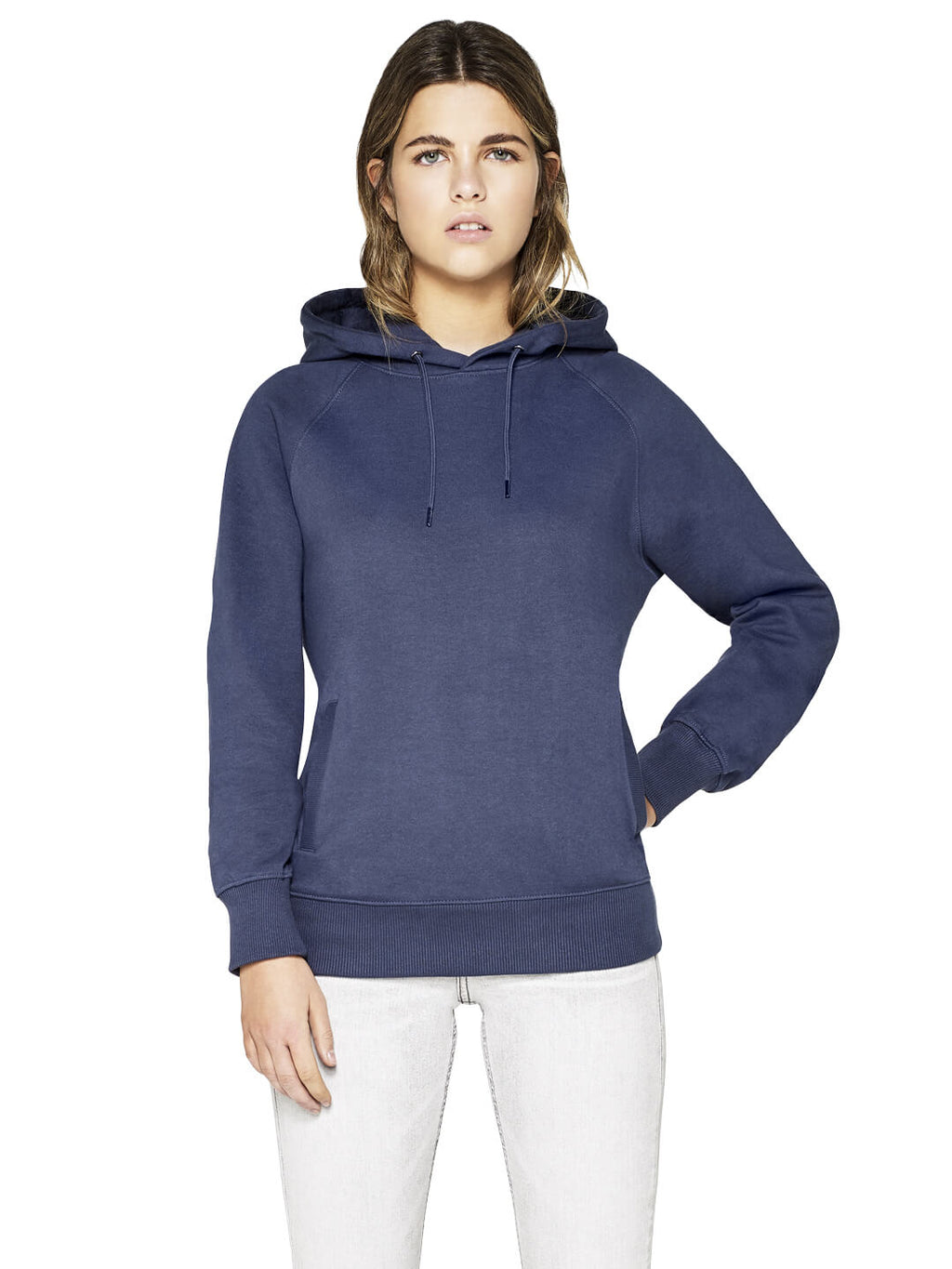 Unisex heavy organic cotton raglan hoodie worn by a model, front view
