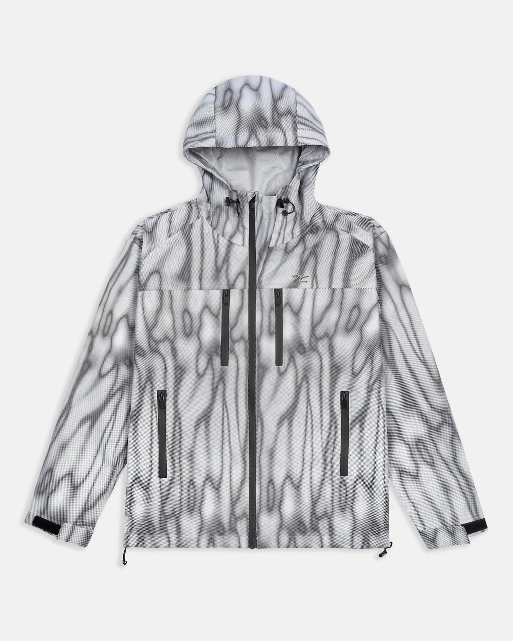 Unisex waterproof windbreaker jacket in a grey and white abstract print, front view