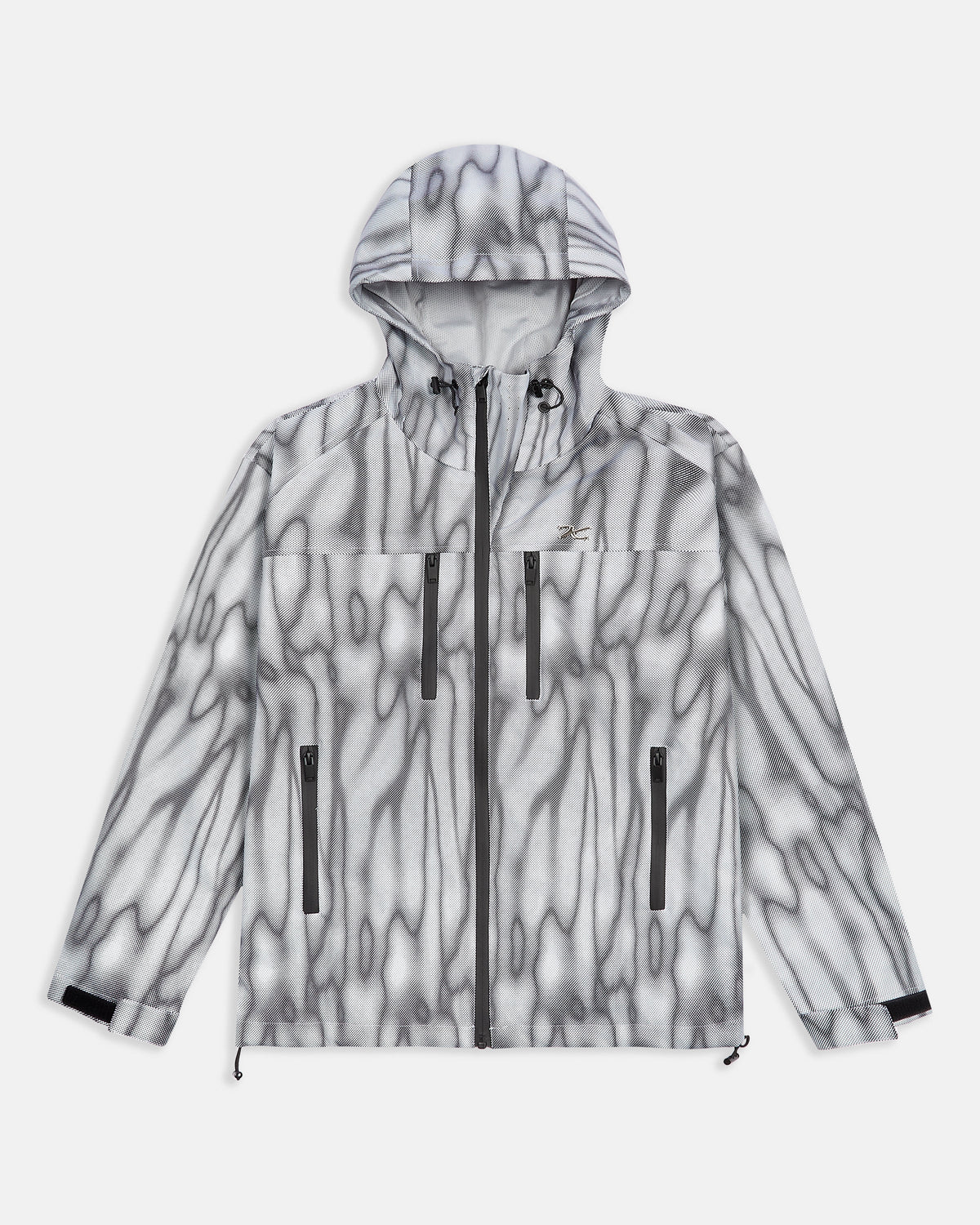 Unisex waterproof windbreaker jacket in a grey and white abstract print, front view