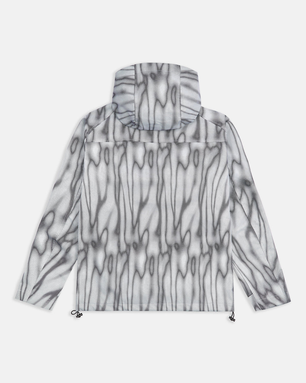 Unisex waterproof windbreaker jacket in a grey and white abstract print, back view