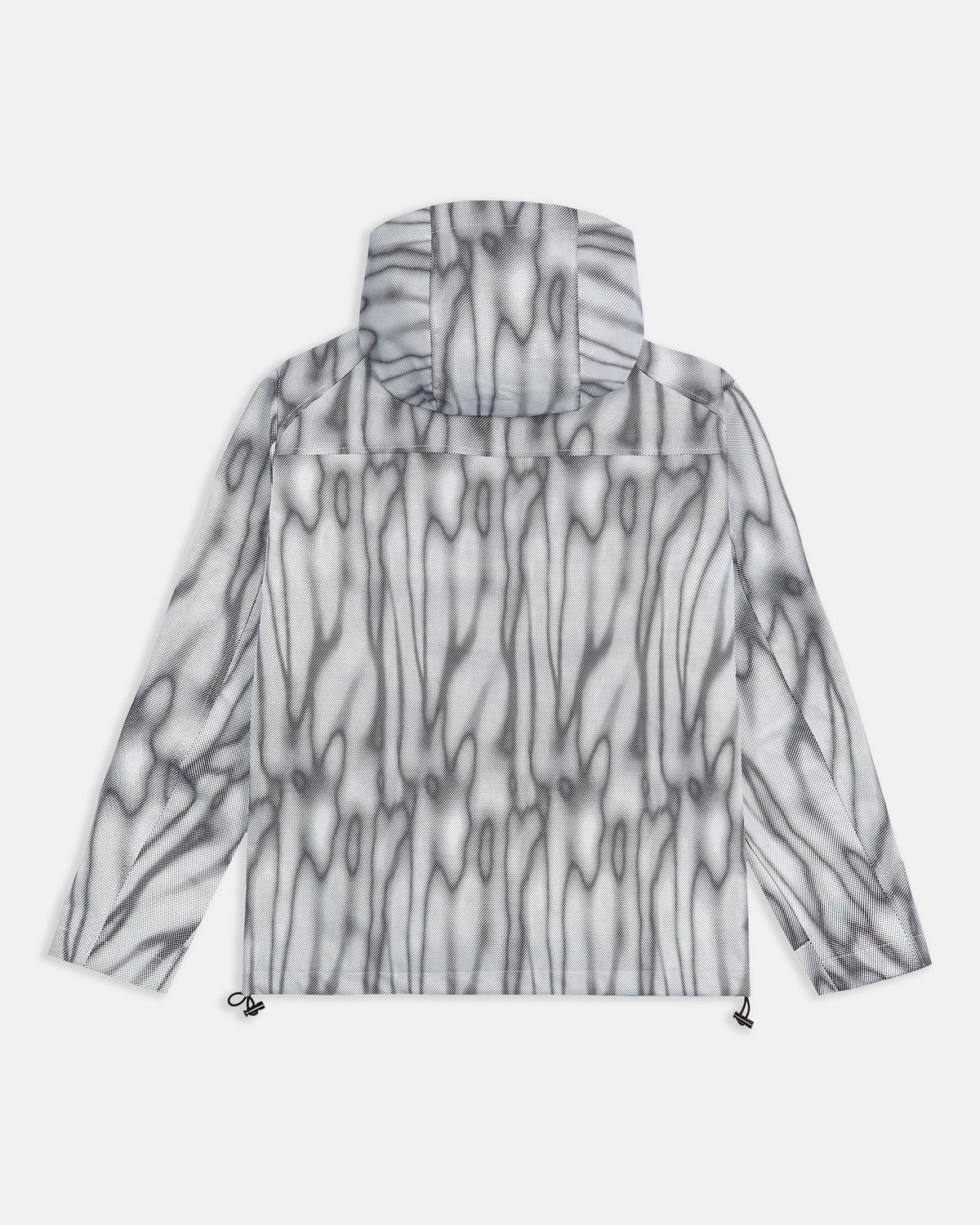 Unisex waterproof windbreaker jacket in a grey and white abstract print, back view