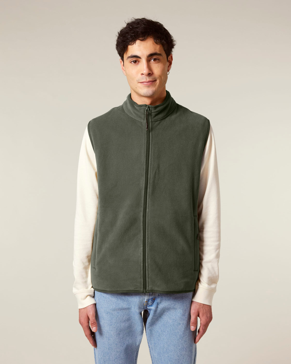 Model wearing the men's recycled fleece bodywarmer in Khaki, front view