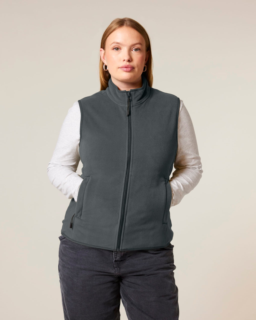 Model wearing the women's recycled fleece bodywarmer in Anthracite, front view