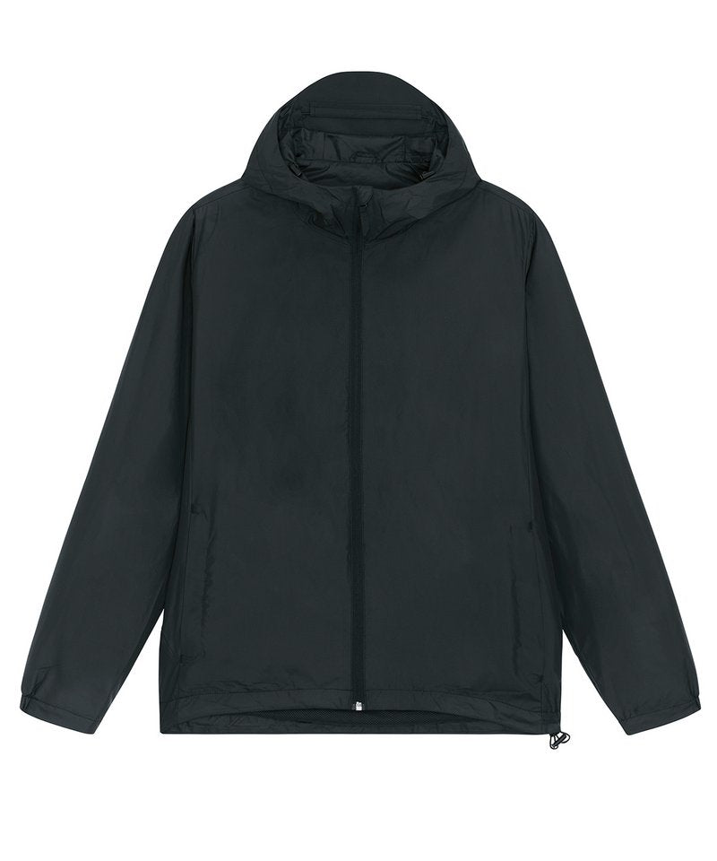 Unisex recycled lightweight waterproof jacket in Black, front view
