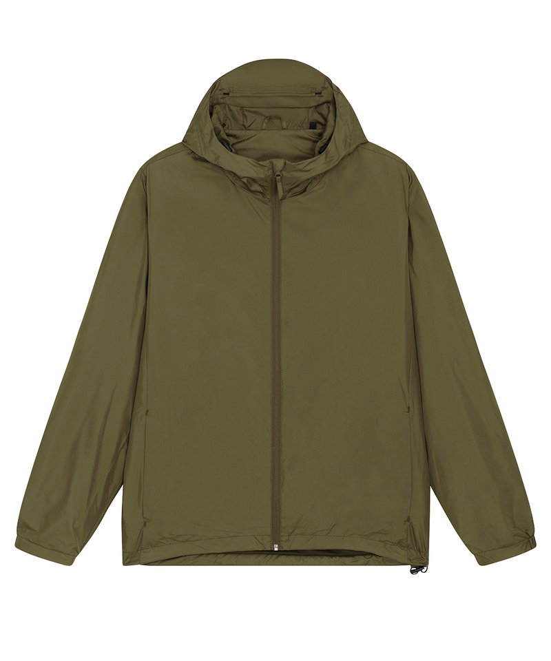 Unisex recycled lightweight waterproof jacket in British Khaki, front view
