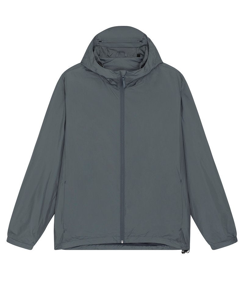 Unisex recycled lightweight waterproof jacket in Deep Metal, front view