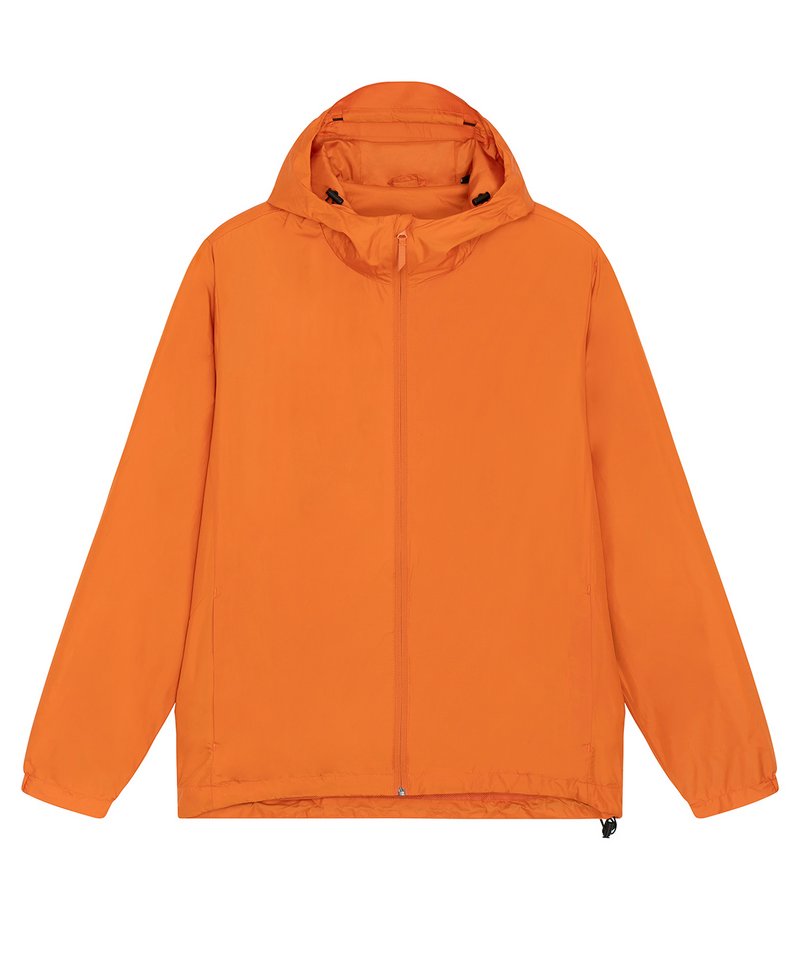 Unisex recycled lightweight waterproof jacket in Flame Orange, front view