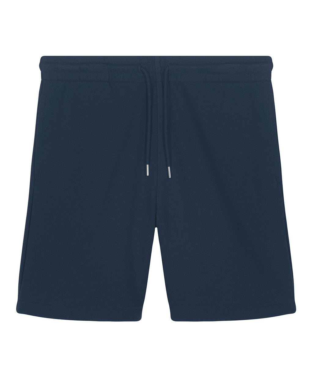 Unisex organic cotton French terry jogger shorts in French Navy, front view