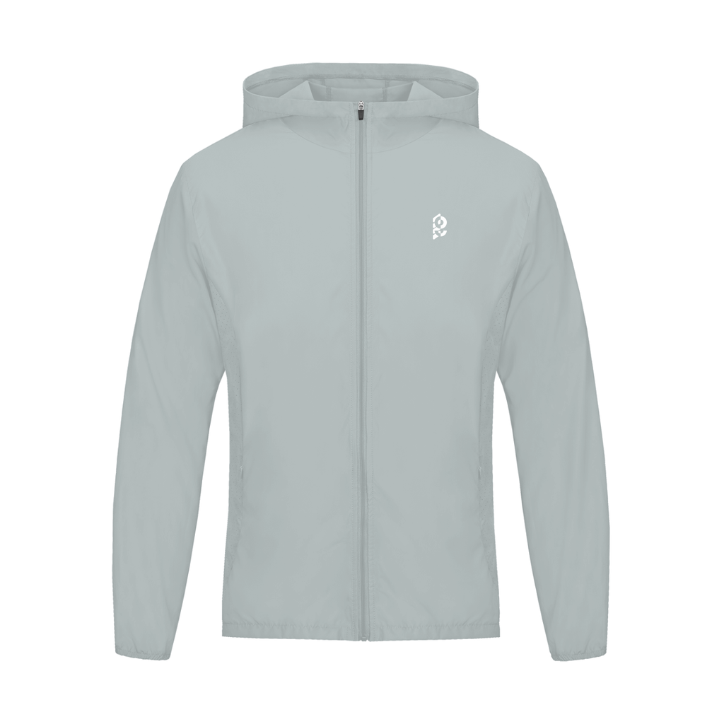Unisex lightweight packable windbreaker jacket in Light Grey, front view