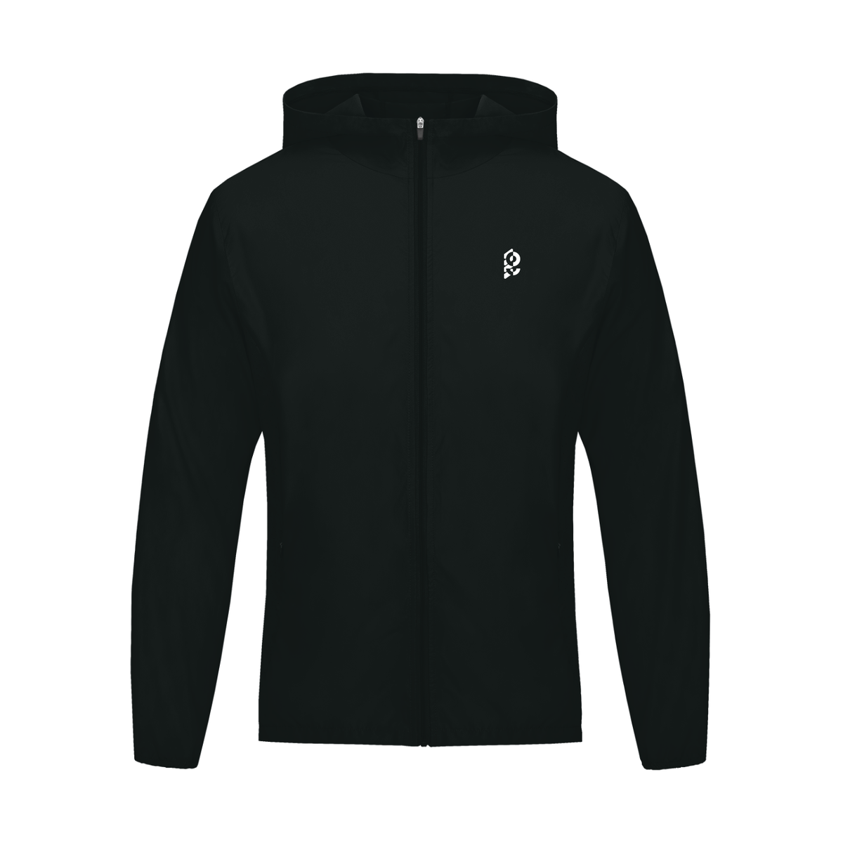 Unisex lightweight packable windbreaker jacket in Black, front view