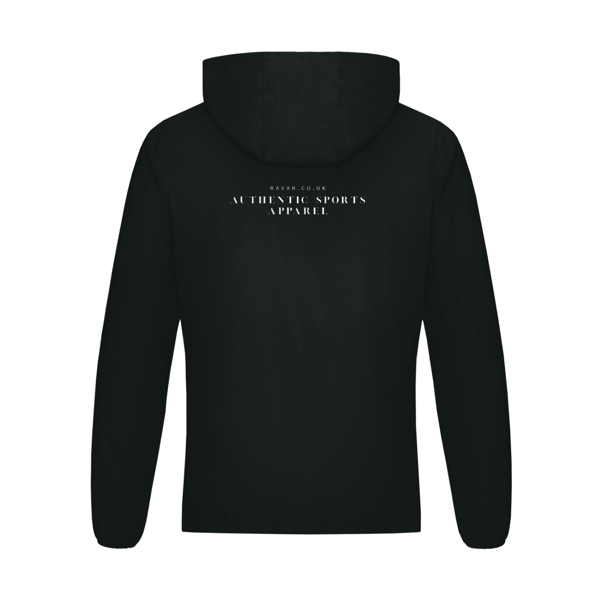 Unisex lightweight packable windbreaker jacket in Black, back view with 'Authentic Sports Apparel' print