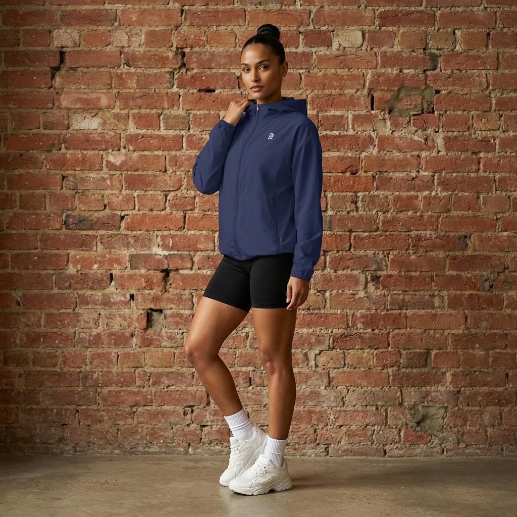 Woman wearing the unisex lightweight packable windbreaker jacket in Dark Blue, standing