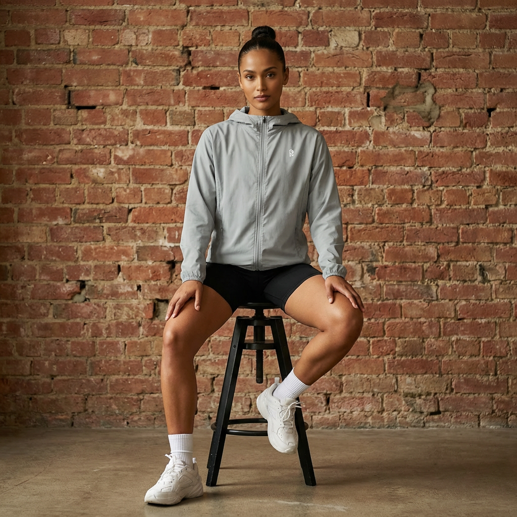 Woman wearing the lightweight packable windbreaker jacket in Light Grey, seated on a stool