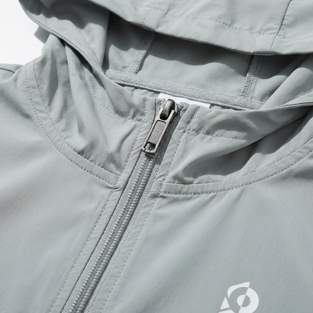 Close-up of the hood and zip on the lightweight packable windbreaker jacket in Light Grey