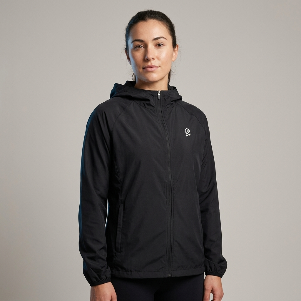 Woman wearing the unisex lightweight packable windbreaker jacket in Black, front view