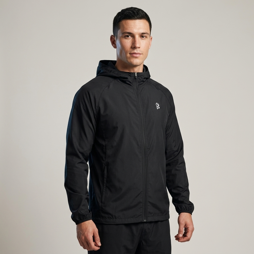 Man wearing the unisex lightweight packable windbreaker jacket in Black, front view