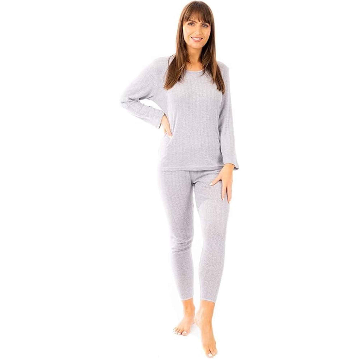 Women's cotton-rich thermal top and long johns set in MARL GREY, worn by a model, front view
