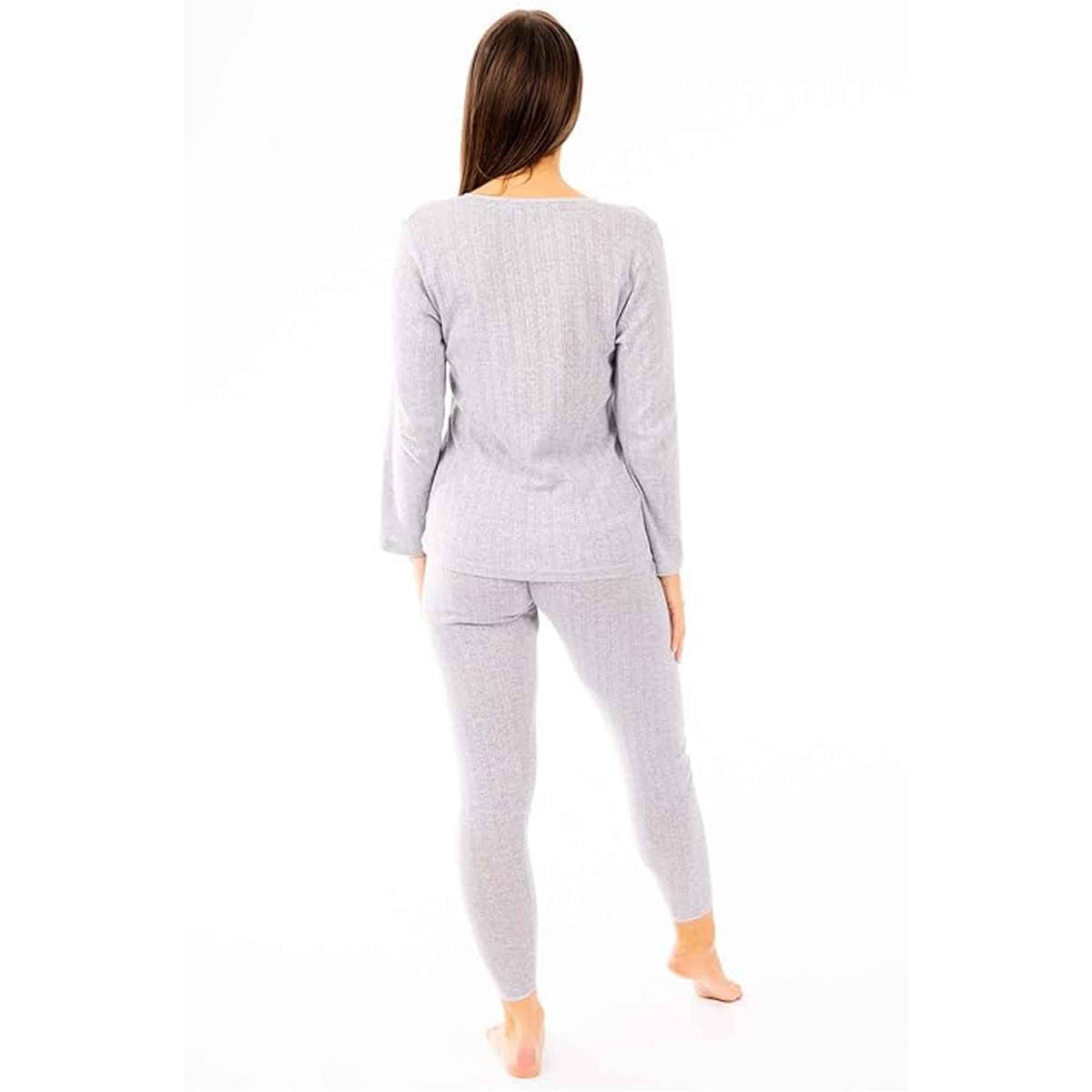 Women's cotton-rich thermal top and long johns set in MARL GREY, worn by a model, back view