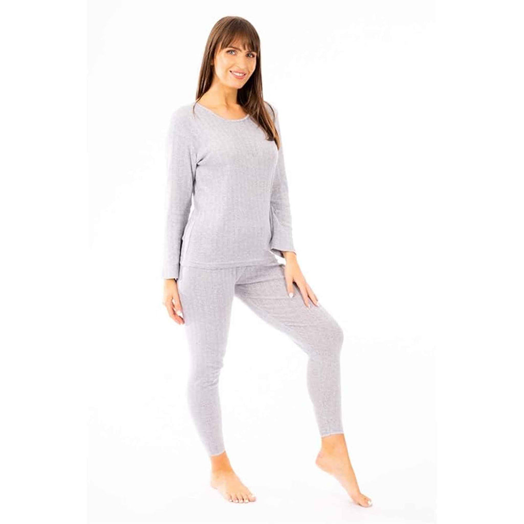 Women's cotton-rich thermal top and long johns set in MARL GREY, worn by a model, three-quarter view