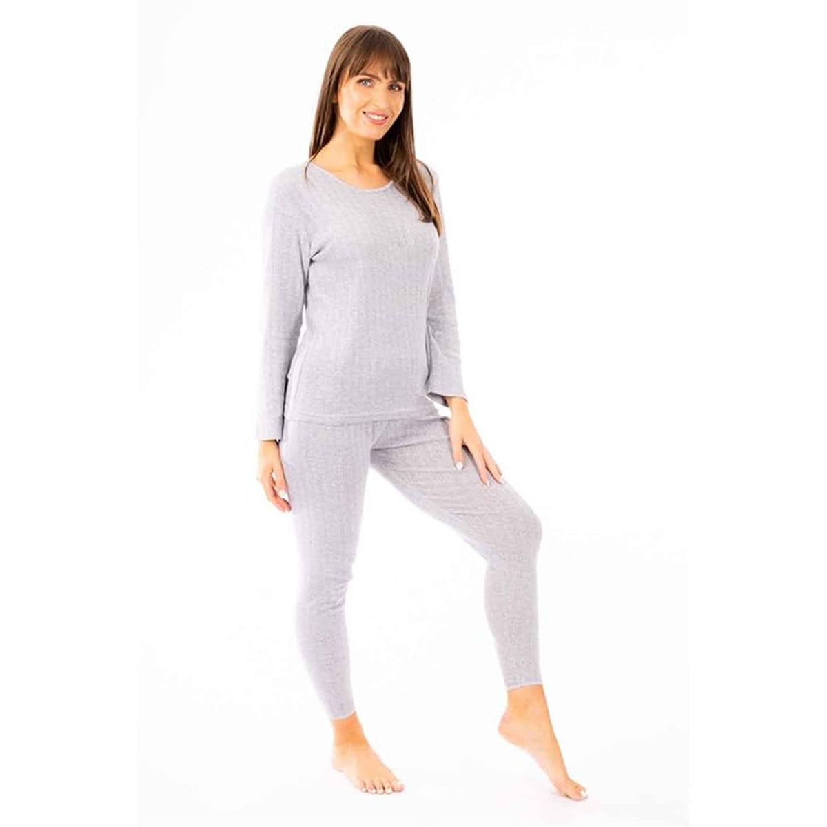 Women's cotton-rich thermal top and long johns set in MARL GREY, worn by a model, three-quarter view