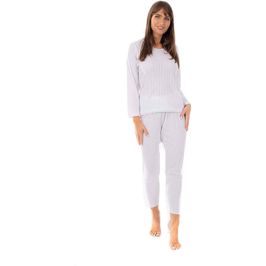Women's cotton-rich thermal top and long johns set in WHITE, worn by a model, front view